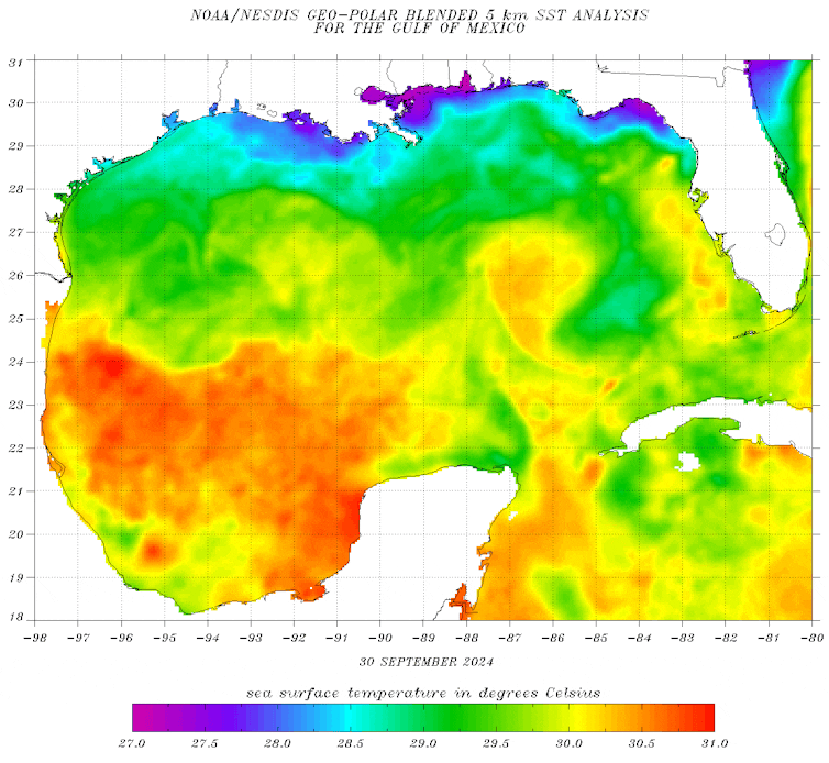 A map shows sea surface temperatures in the Gulf of Mexico.